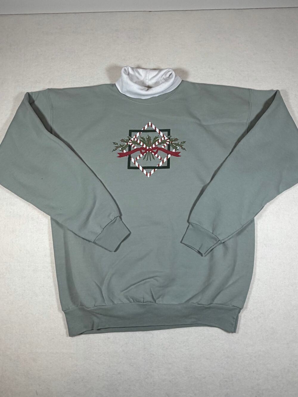 Vintage PFI Christmas Sweatshirt Large Green Mock Neck Candy Cane Holly 90s